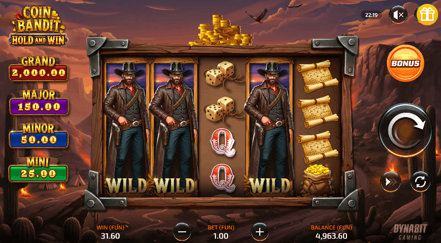 Coin Bandit Dynabit Gaming &mdash; cluster Hold&Win western con RTP 96,00% su Excitewin